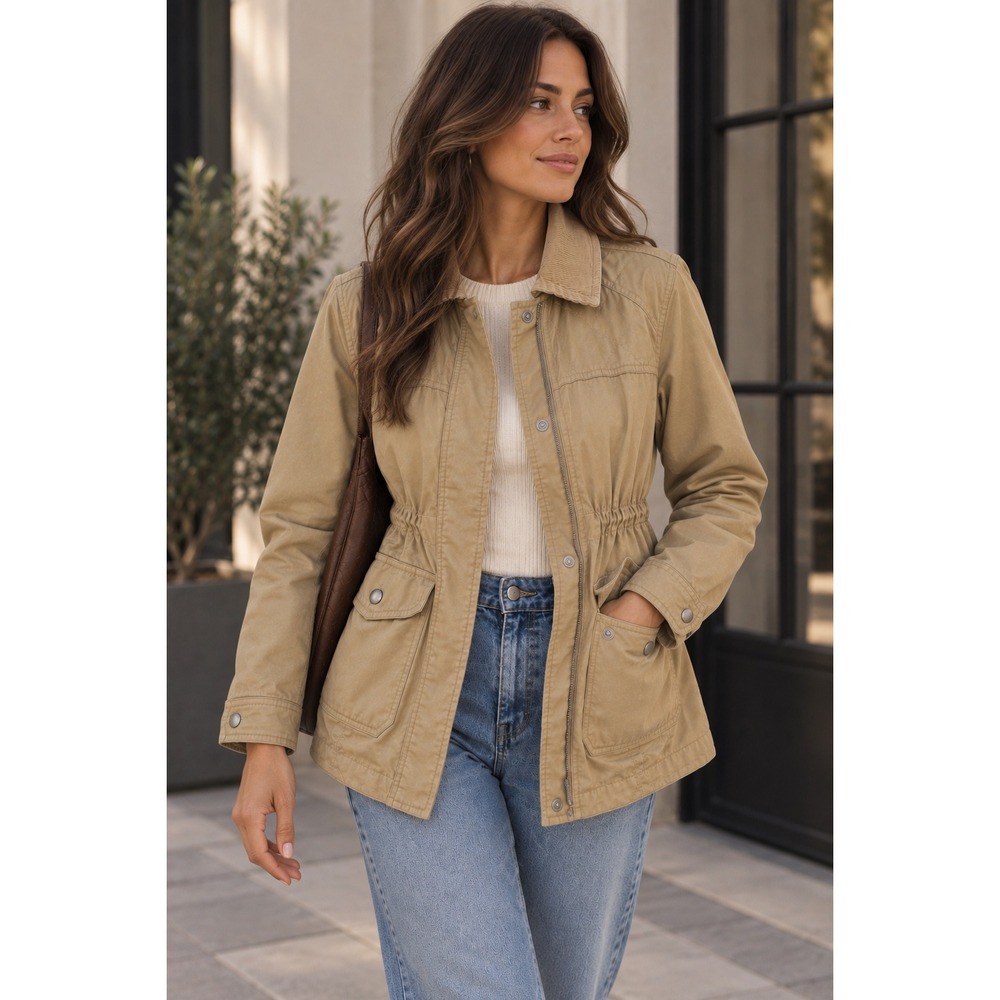 LOFT Petite Quilted Utility Jacket Corduroy Collar Tan Beige Size S